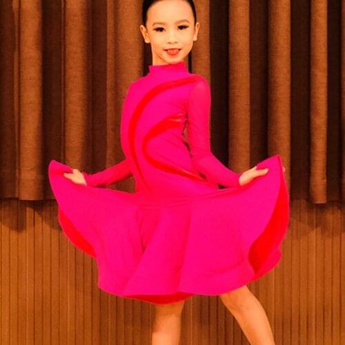 Latin Dance Competiiton Dress Girls Long Sleeves Dress Rose Pink Children Performing Costume Chacha Samba Tap Stage Dress 4758