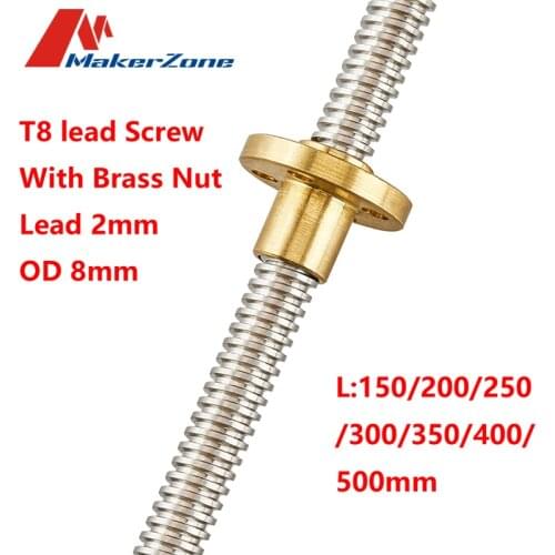 T8 Lead Screw OD 8mm Pitch 2mm Lead 2mm 150mm 200mm 250mm 300mm 350mm 400mm 500mm with Brass Nut for Reprap 3D Printer Z Axis