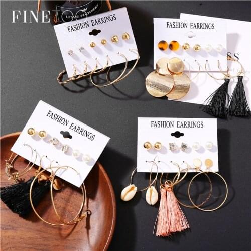 Fashion Tortoise Shell Crystal Pearl Geometric Stud Earrings for Women Boho Vintage Circle Hoop Tassel Earring Set