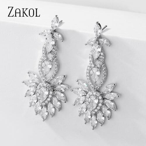 ZAKOL Luxury Clear Crystal Teardrop Dangle Earrings Bridal Long Drop Earrings for Women Wedding Party Jewelry FSEP5120