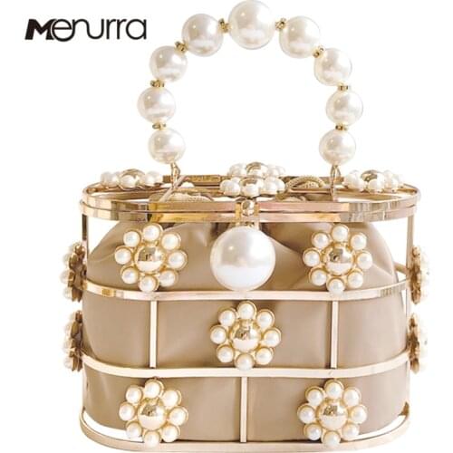Womens Pearl Handbag Flower Clutch Evening Bag Bead Pearls Top Handle Bag Tote Busket Cage Shape Party Bag