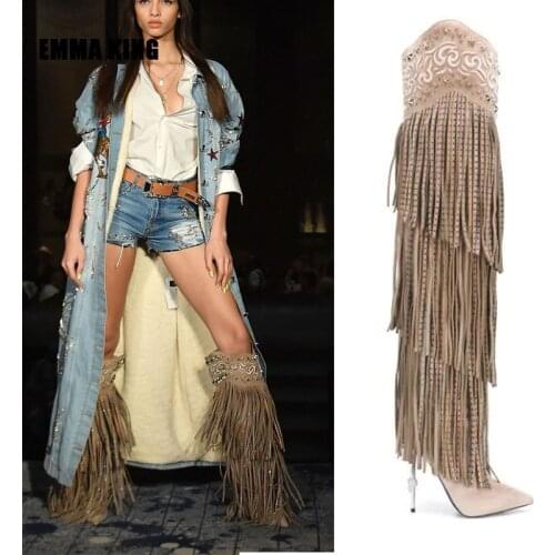 2020 Winter High Heel Long Bohemian Boots Fashion Over The Knee Lady Crystal Tassel Booties Hand Embroidery Womens Boots