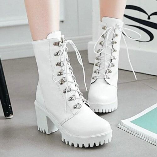 AIWEIYi Womens Shoes Basic Pumps Martin Boots High Heels Ankle Boots Square Heels Black White Lace-Up Boots Platform Shoes