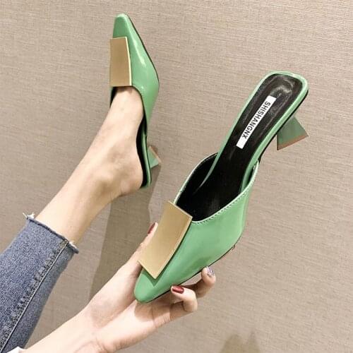 2021 Women Mules Slippers Med Spike Heel Pointed Toe Leather Slippers Spring Summer Heels Sandals Pumps Shoes With Metal Buckle