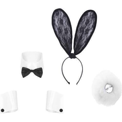 Women Bunny Accessories Set Rabbit Ear Headband Collar Bow Tie Cuffs Rabbit Tail for Halloween Christmas Costume Cosplay Party