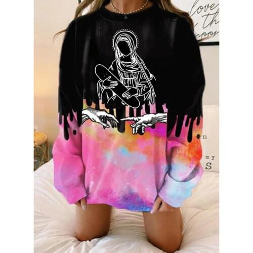 Graffiti Printing Women Pullover Casual Loose Long Sleeve T-shirt Harakuju Oversized Contrast Color Summer Female Swearshirts
