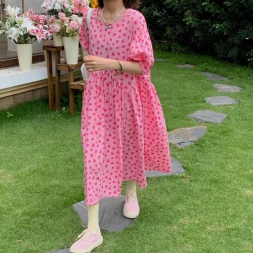 Dress Round Neck Love Print Short-sleeved Dress Female Summer 2021 New Korean Style High Waist Midi Skirt