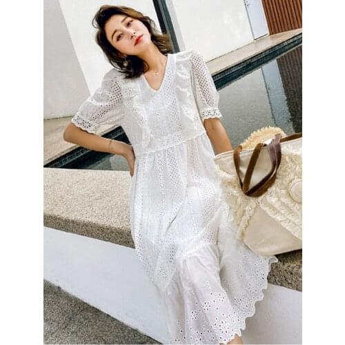 Jastie Summer Women White Midi Dress Cotton Hollow Out Embroidered Dress Ruffle Short Sleeve V-Neck French Female Vestidos 2021