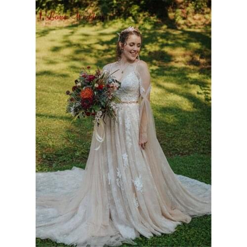 New Vestidos De Novia Sexy V-Neck A-Line Spaghetti Straps Low Back Bridal Gown Applique Crystal Tulle Wedding Dress for Women