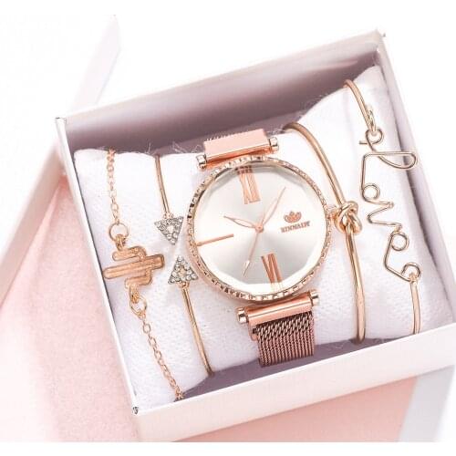 5pcs Set Top Style Fashion Women Watch Luxury Rose Gold Mesh Dress Quartz WristWatch Ladies Watch Women Dress Relogio Mujer
