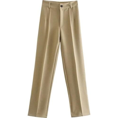 Womens Pants Chic Fashion Office Lady Solid Straight Casual Pants Vintage High Waist Zipper Fly Female Trousers Mujer 2021