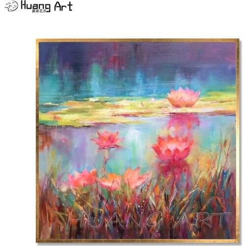 Handmade Colorful Flower Oil Painting Wall Art Water Lily Flower Picture for Decor Art Painting for Room Decor Lotus Painting