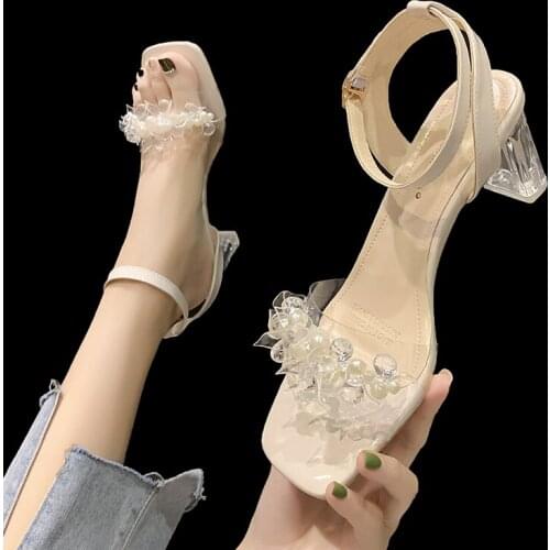 Exquisite Fashion Pearl Square Heel Ladies Sandals Summer New Open Toe Buckle Buckle Crystal Heel High Heels