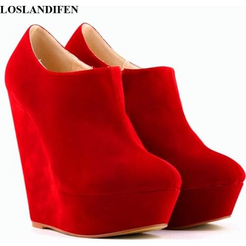 Classic Autumn Short Boots Women Star Style Solid Flock Platform Wedges Boots High Heels 14cm Female Fashion Office Boots Zipper
