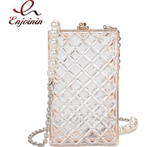 Transparent Acrylic Plaid Party Clutch Bag for Women Pearl Chain Shoulder Bag Designer Purses and Handbags Wedding Evening Bag
