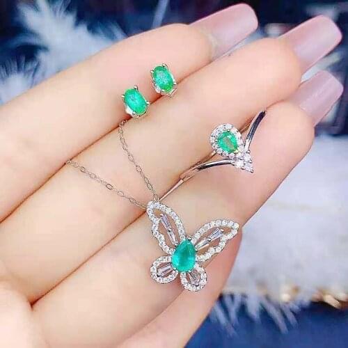 Natural Emerald S925 Sterling Silver Ring Earrings Butterfly Pendant Necklace Set Fine Fashion Jewelry for Women MeibaPJFS