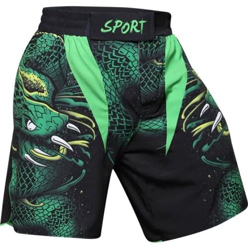 Summer New Men High Quality MMA Sport Shorts Green Snake Printing Design Running Fitness Casual Pants Boxing Training Wear