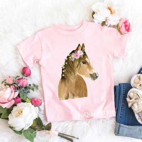 Cute baby girls t shirt pink tshirt floral horse/Teddy/flamigo/rabbit/bear animal print harajuku kawaii summer kids clothing top
