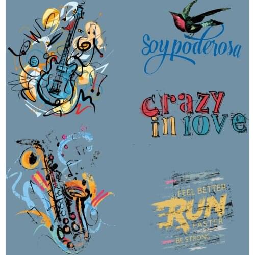 Fashion Cartoon Colorful Guitar Alphabet Pattern Stickers on Clothes Heat-sensitive Patches Printed Ironing For Clothing