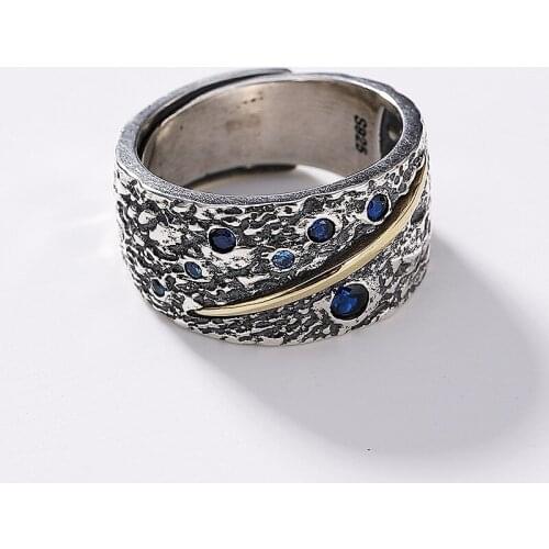 High quality Retro vintage 925 Sterling Silver Open Rings For men Blue star night female Ring Adjustable mens jewelry