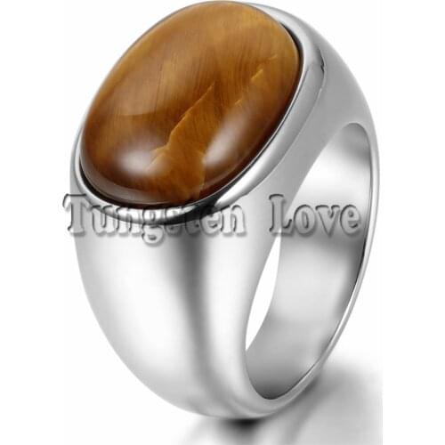 NEW Fashion Men Jewelry 316L Stainless steel Classic Biker Brown Oval Mens Simulated Tiger Eye Ring 7-13 Sizes Wholesale