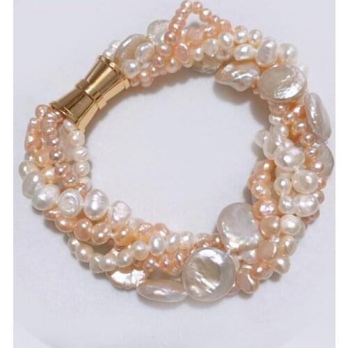 New 5 strands of natural freshwater irregular 4-6MM pearl 11-13MM cion pearl natural bracelet magnet clasp