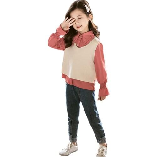 Teenage Kids Clothes Solid Color Girl Clothes Hoodies + Denim Vest Clothes For Girls Spring Autumn Childrens Clothing