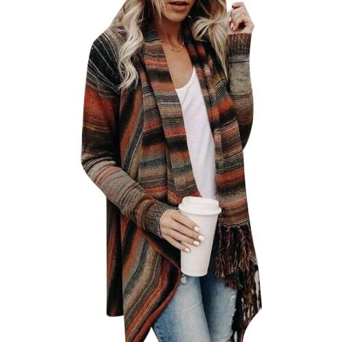 Autumn Winter Sweaters Women Stripe Poncho Tassels Shawl Loose Sweater Cardigan Coat 2020 Womens Sweater Dropshiping