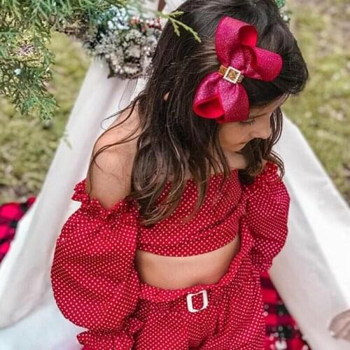 1-5Y Toddler Baby Girl Kid Summer Clothes Sets Red Polka Dot Print Long Sleeve Off Shoulder Tops Pants 2pcs
