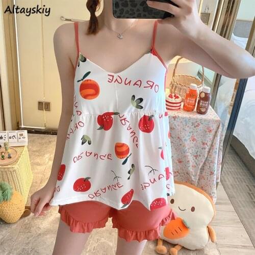 Pajama Sets Women Sweet Summer Sleeveless Cute Cartoon Tops and Shorts Lounge Maiden Cotton Leisure Cozy Sleepwear Two Piece