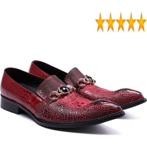 Dress Red Wedding Fashion Crystal Men Slip On Pointed Toe Business Man Formal Footwear Luxury Genuine Leather Party Shoes