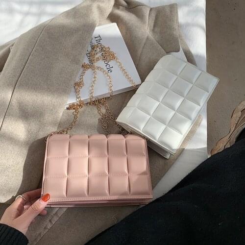 Portable Lattice Pattern Thin Metal Chain Totes Women PU Leather Solid Color Shoulder Messenger Bag Fashion Square Money Purse