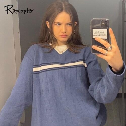 Rapcopter Striped Printed Sweaters Women Y2K Long Sleeve Pullovers Vintage Knitted Jumper V Neck Knitwear Autumn Winter Tops New