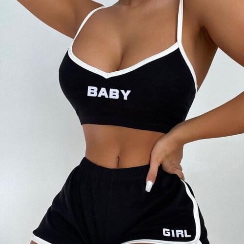 Black Letter Print Style V-Neck Tank Tops Woman Sports Vest Shorts Suit 2021 New Summer Running Fitness Camisole Suit Sexy
