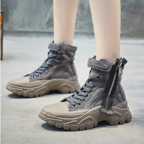 Spring Autumn Fashion Motorcyle Boots Women Platform Wedges Ankle canvas boots high top zipper Shoes A62-18 CBJD