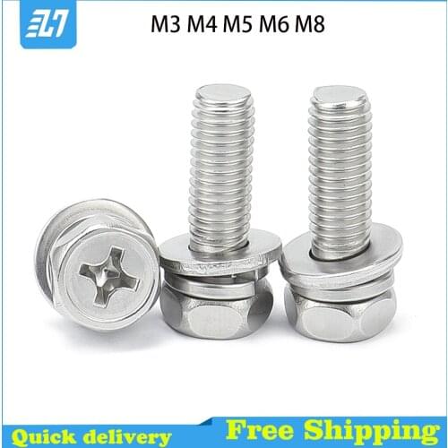 Hex Hexagon Cross Head Phillips Machine Bolt Metric Thread Spring Flat Washer Set 304 Stainless Steel M3 M4 M5 M6 M8
