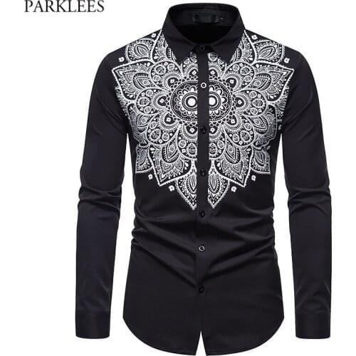 Stylish Mandala Floral Print Shirt Men 2021 Brand New Slim Fit Long Sleeve Mens Dress Shirts Casual Wedding Party Social Shirt
