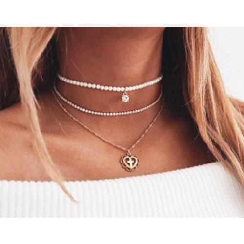 Elegant Simulated Pearl Crystal Chokers Necklace for Women Bohemian Heart Pendant Multilayer Statement Necklaces Jewelry Bijoux