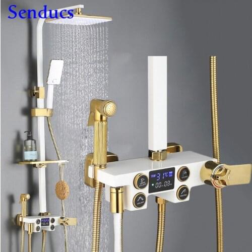 Thermostatic Shower Set Solid Brass Bathtub Mixer Tap Rainfall Shower Head Temperature Display Digital Bathroom Shower Mixer Set