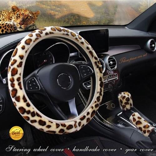 38CM Universal Car Leopard Print Plush No Loop Elastic Steering Wheel Cover Gear Handbrake Cover Auto Interior Accessories