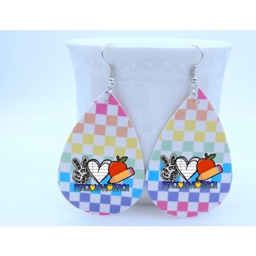 Stock Faux Leather Teardrop Earring Peace Love Teach Earrings Checkered Earrings