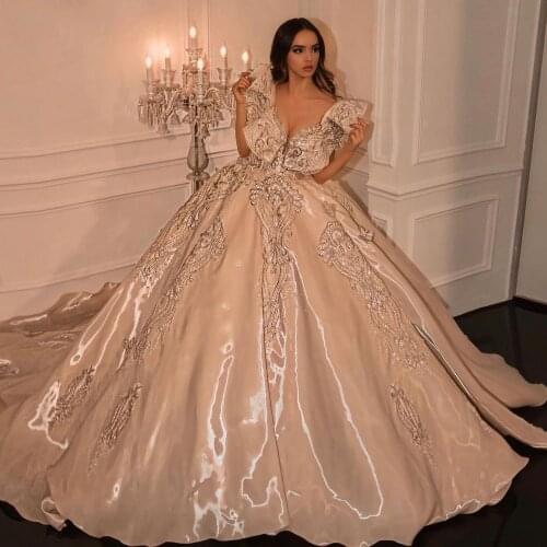 2021 High Quality Beaded Sequins Wedding Dresses Pretty Ruffles V Neck Wedding Gowns Luxury Rhinestone Saudi Arabic Birdal Gowns