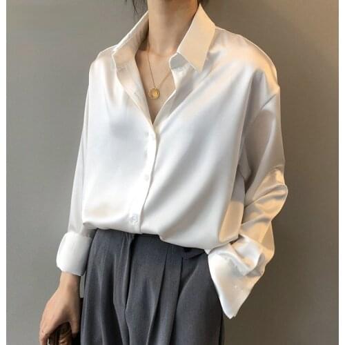 Women Shirts Autumn Female Tops Satin Silk Womens Blouse Solid Color Loose Long Sleeve Top Buttons Casual Dress Shirt Female