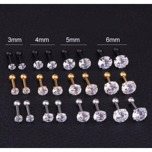 Womens 4-Claw Stainless Steel round Zircon Ear Bone Stud Thread Earrings Mens Ear Stud Piercing Ornament Single