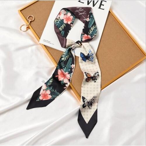 Yishine Butterfly Flowers Print 7cm*130cm New Women Brand Bag Silk Scarf Long Head Skinny Handle Bag Scarves Wraps New 2021