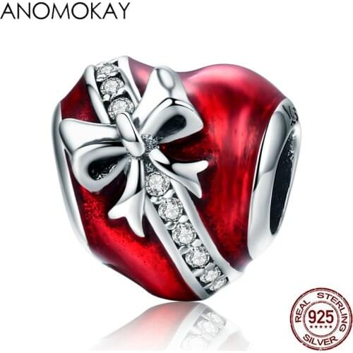 Anomokay Romantic Red Heart Bowknot Silver Charm 100% S925 Sterling Silver Love Beads fit Bracelet Necklace Jewelry Accessories