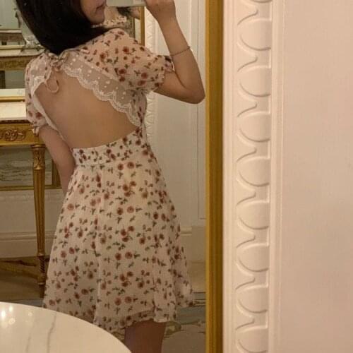French Design Sense Minority Floral Back Hollow Out Dress Womens Summer Lace Open Back Dress