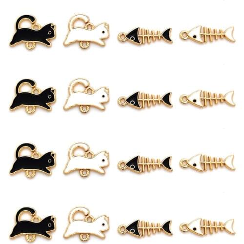 10Pcs/Lot Metal Enamel Fish Cat Charms Cute Animal Pendant White Black Accessories For Making Earrings Necklace DIY Jewelry New