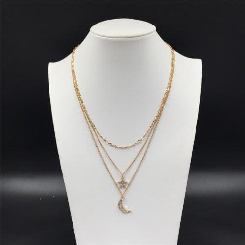 2019 New Arrivals Gold Color Plating Shinny Star Moon Pendant Layered Necklace For Women Girl Lovely Jewelry