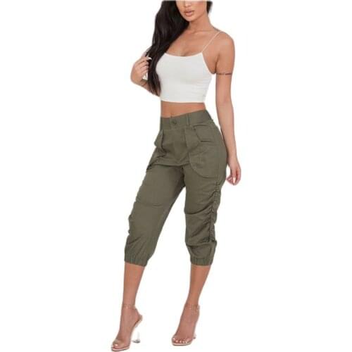 Fashion Womens Summer Trousers Elastic Waist Boho Pants Army Green Lady Cropped Pants Casual High Waist Office Female Trousers